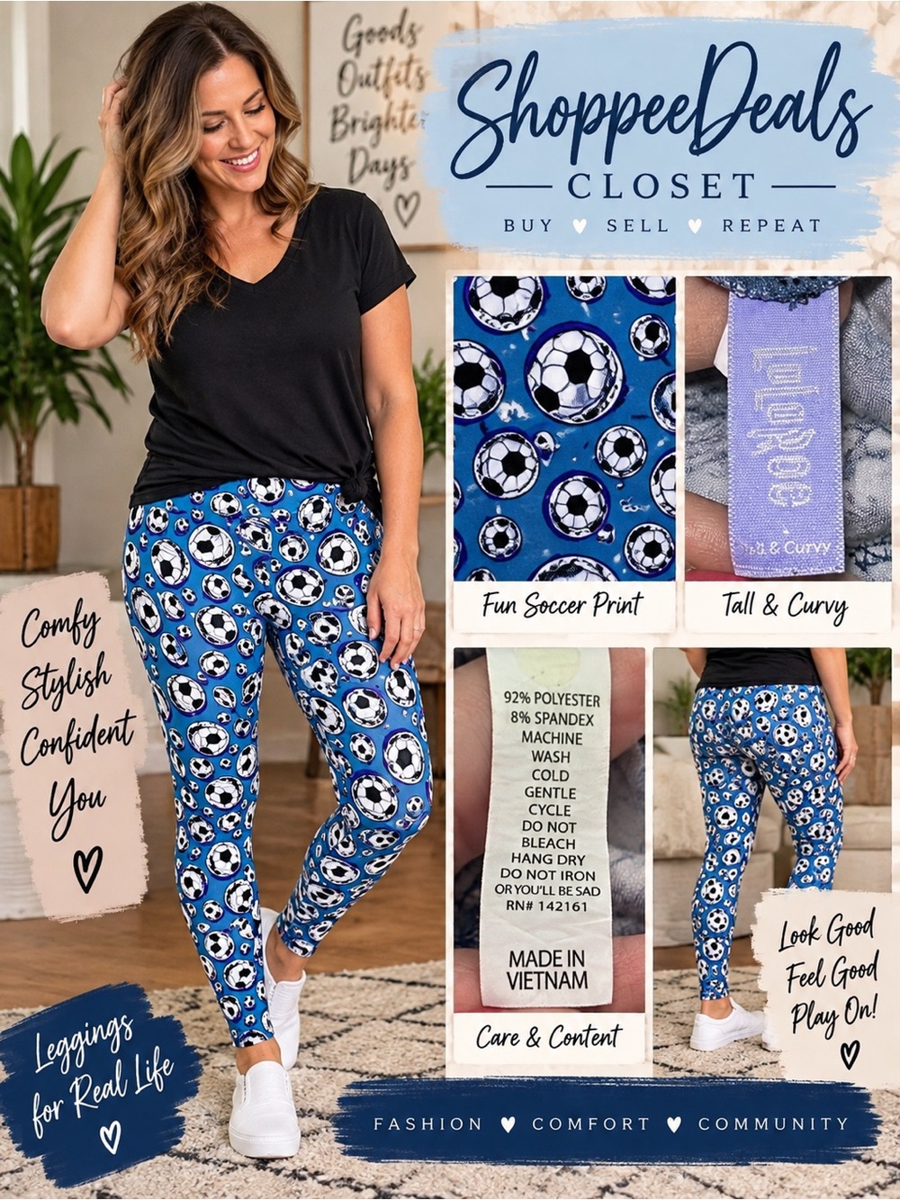 Tall & Curvy Soccer Print Leggings – Blue – Estimated L/XL